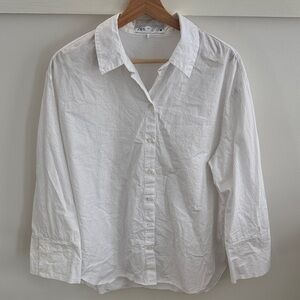 Zara White Gold Pin-striped Button Down Shirt Minimalist Long Sleeve Blouse L